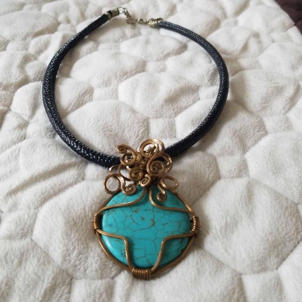 Cooper- turquenite necklace with leather collar